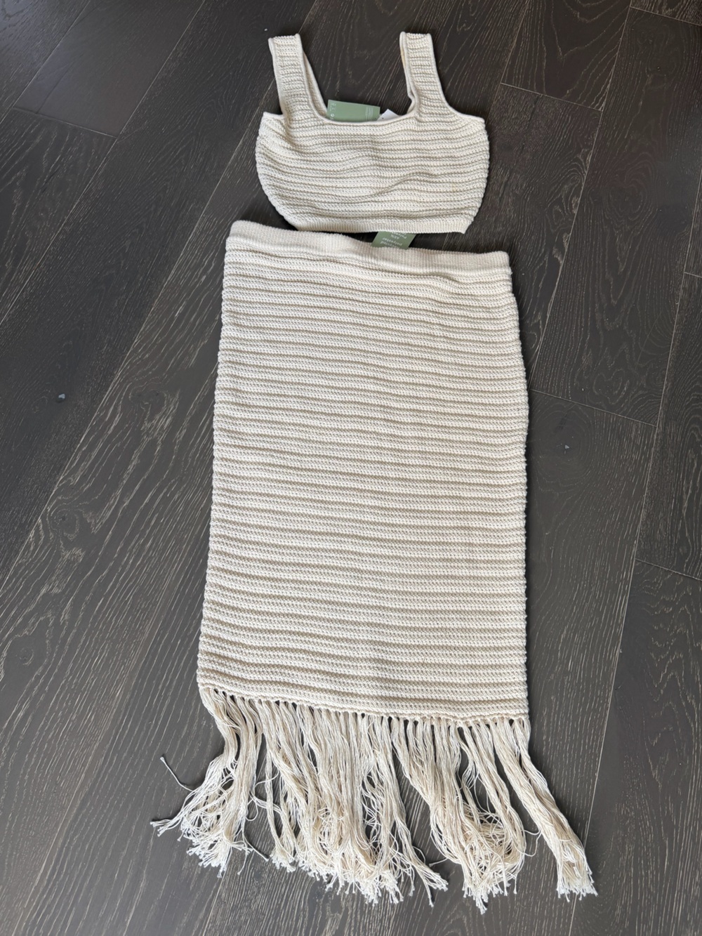 H&M NWT Cream Ribbed Knit Fringe Skirt and Crop Top Set